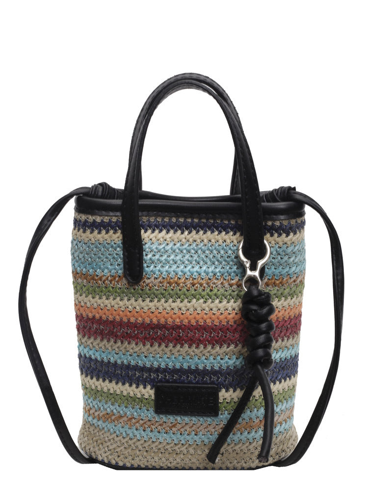 Sac à bandoulière en paille tissée pour téléphone portable, couleur contrastée, tendance, pour les vacances, pour femmes 