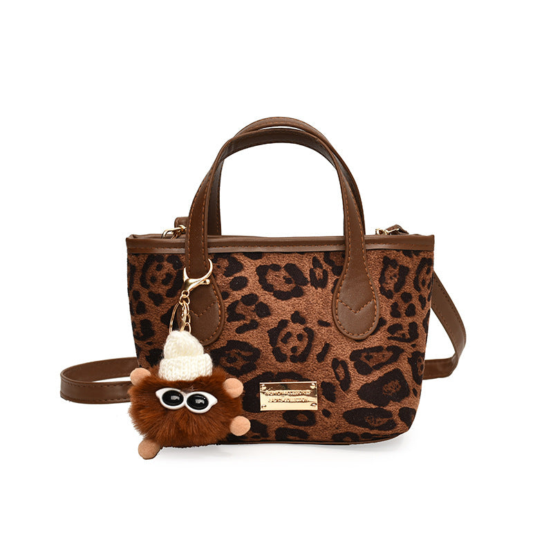 Women Fashion Casual Leopard Pendant Frosted Suede Shoulder Handbag