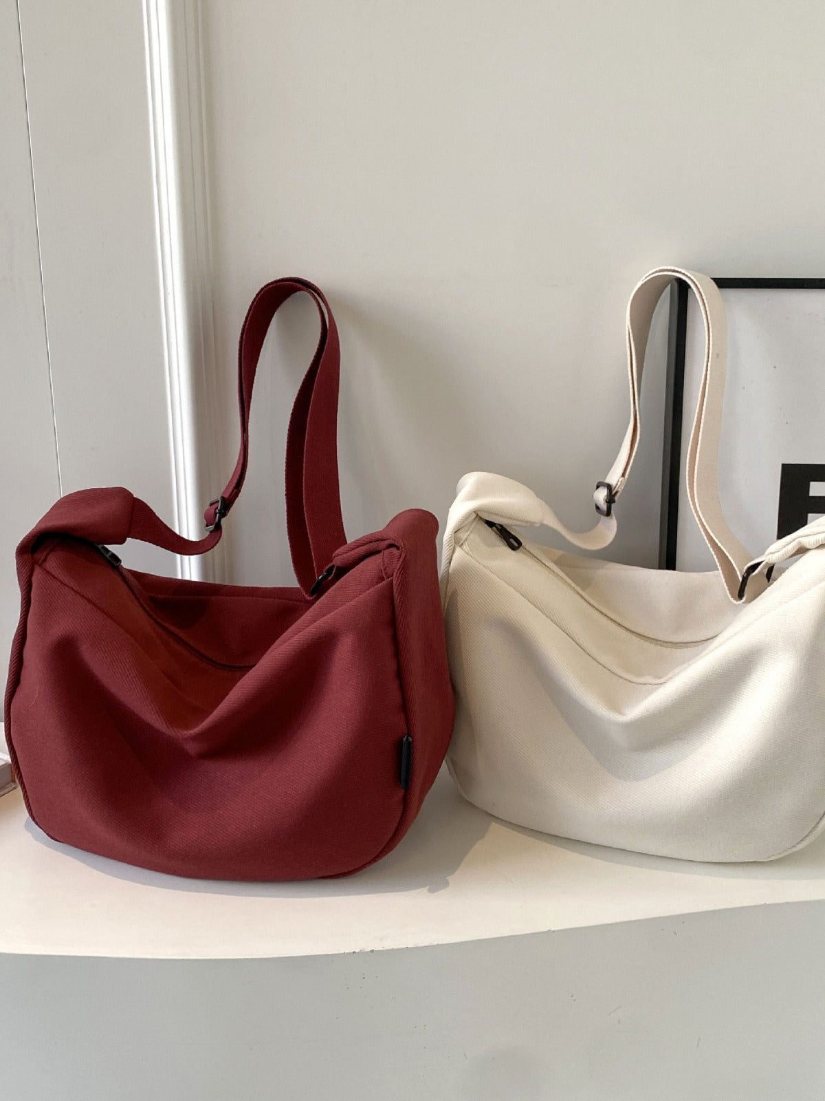 Sac à bandoulière en toile de couleur unie, design simple et tendance, grande capacité 
