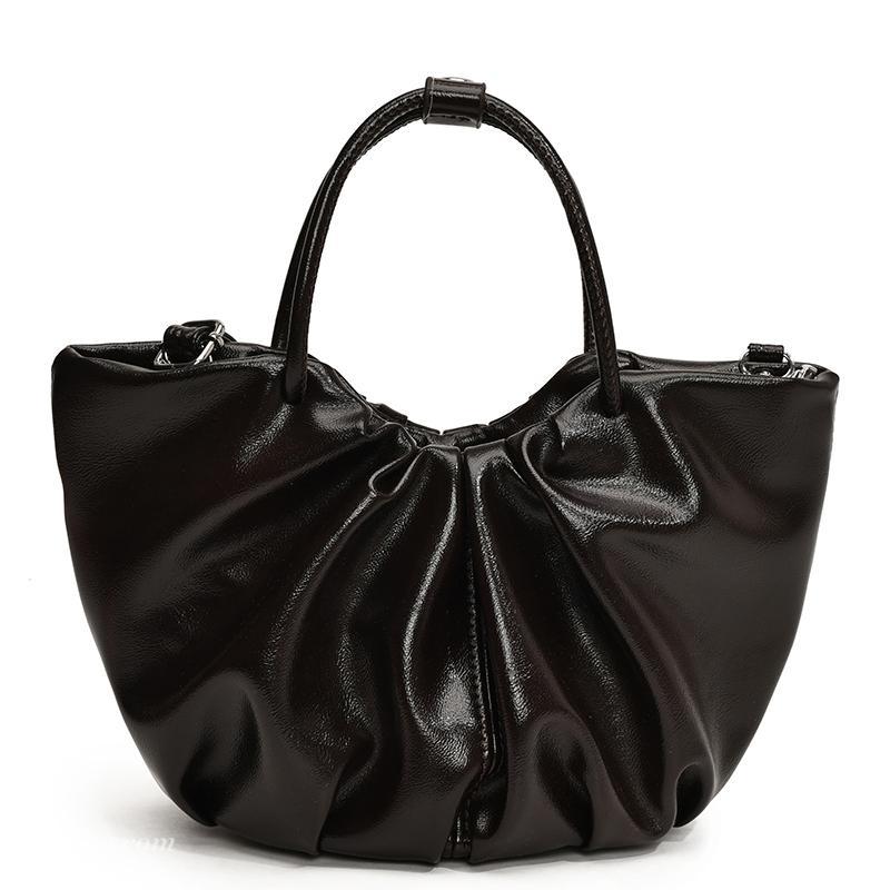 Sac à main plissé en cuir ciré à l'huile de couleur unie rétro pour femme 