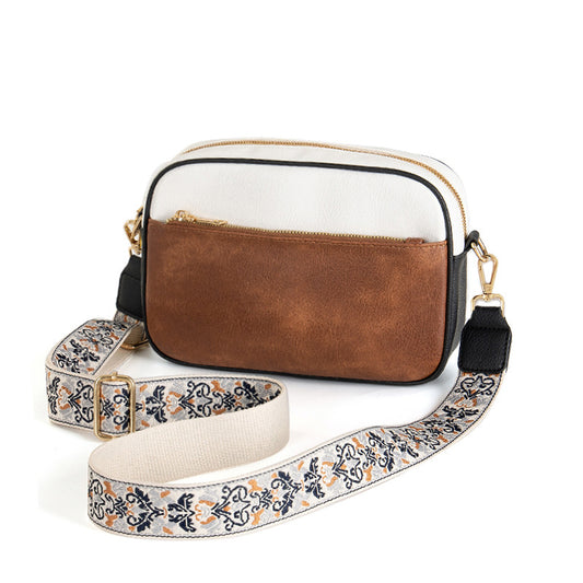 Women Fashion Vintage Colorblock Zipper PU Wide Strap Crossbody Bag