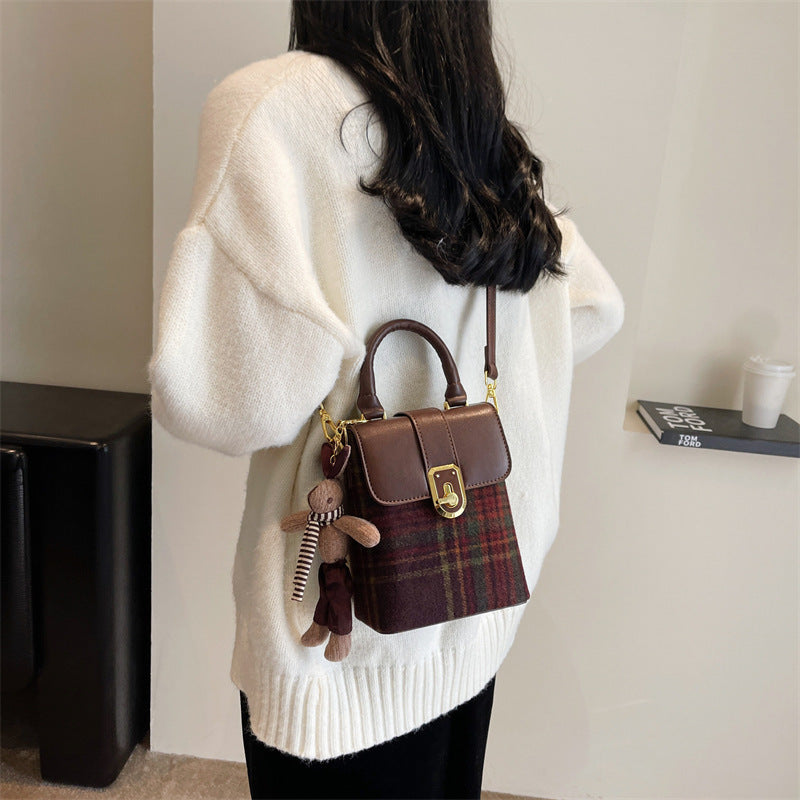 Women Fashion Woolen Plaid Flap Cartoon Pendant Shoulder Crossbody Bag
