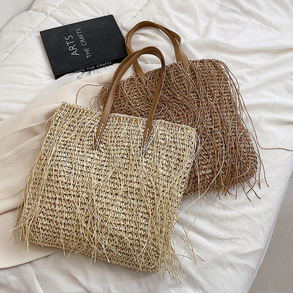 Women Casual Tassel Decoration Solid Color Large Capacity Straw Shoulder Bag