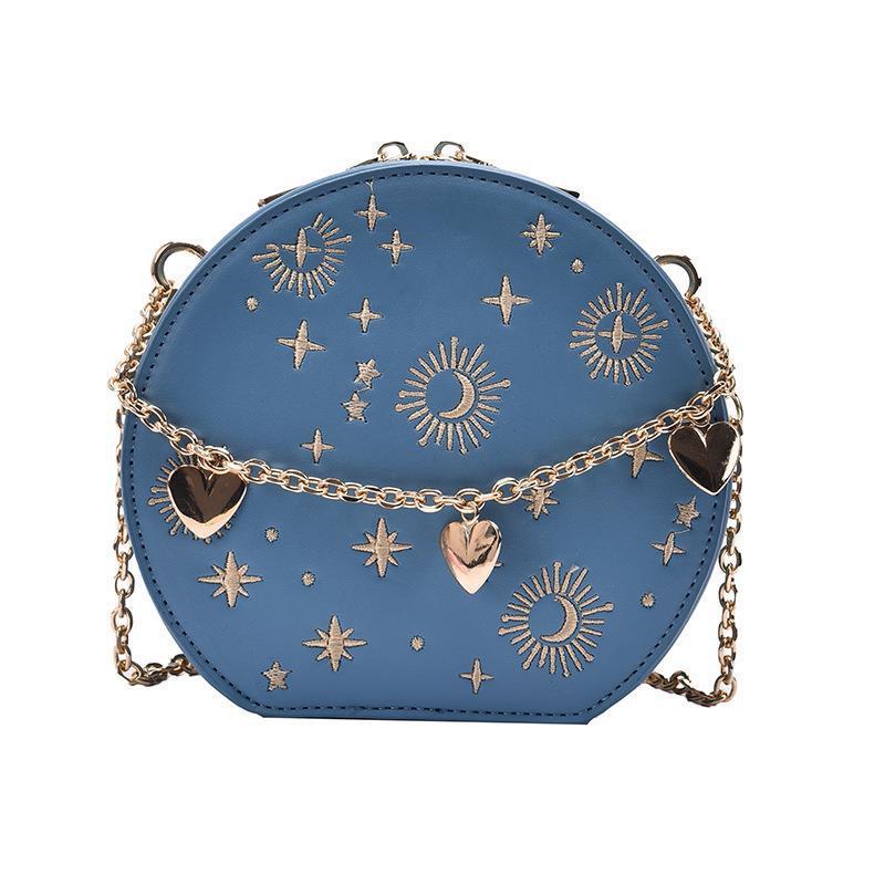 Petit sac rond rétro à chaîne, sac à bandoulière brodé bleu tendance 