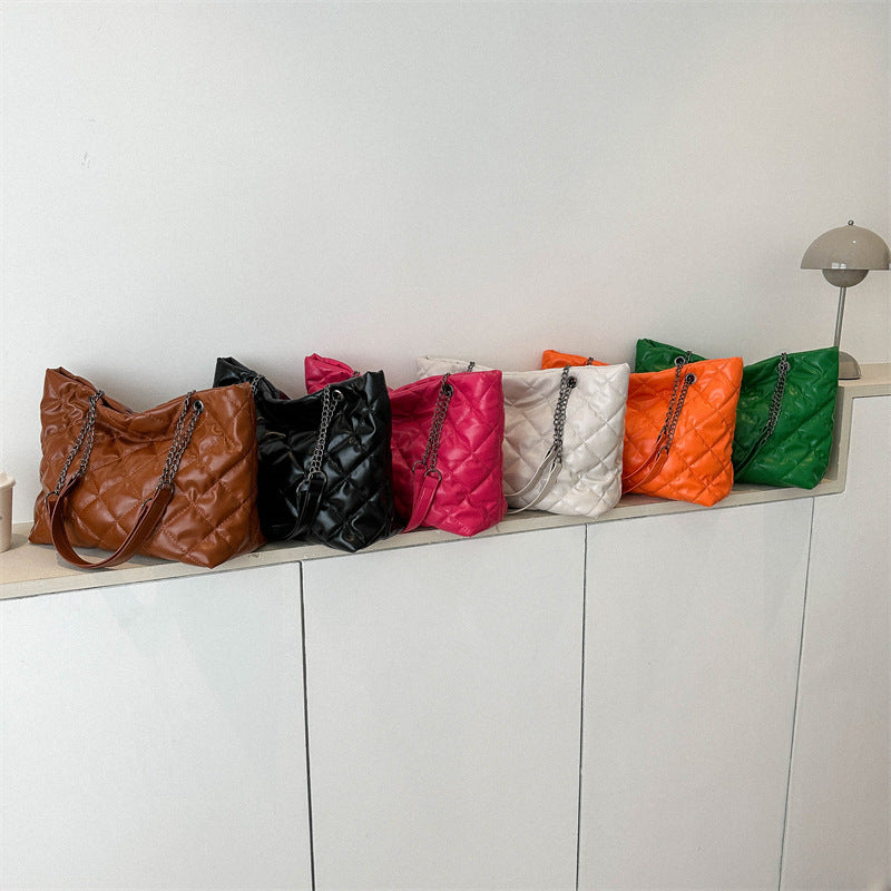 Women Fashionable Solid Color Rhombic Large Capacity Chain PU Tote Bag