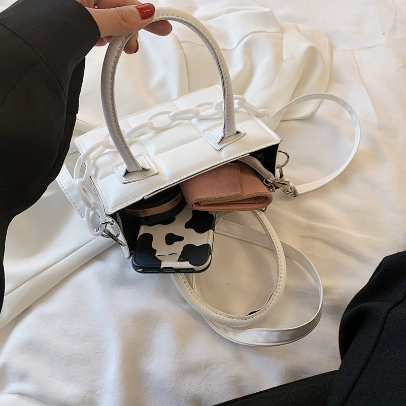 Women Fashion Chain Decorative Plaid Embossed Solid Color PU Crossbody Bag