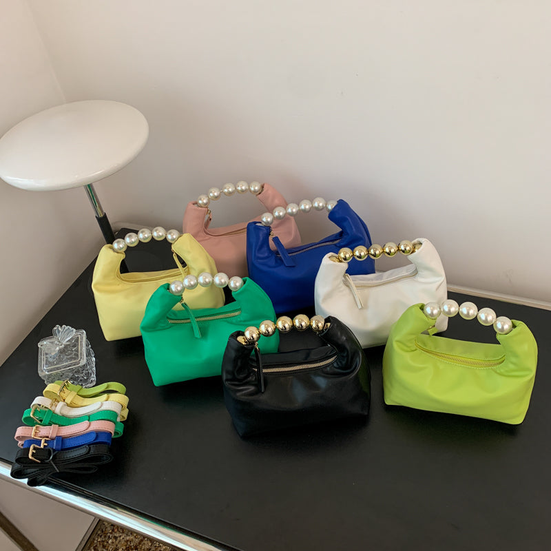 Women Chic Beaded Zipper Design Solid Color PU Handle Bag