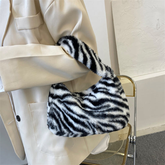 Autumn Winter Women Fashion Plush Leopard Zebra Print Handbag