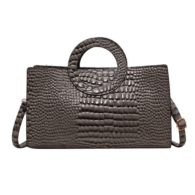 Women Vintage Crocodile-Print Round Handle PU Shoulder Bag