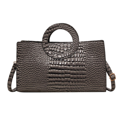 Women Vintage Crocodile-Print Round Handle PU Shoulder Bag