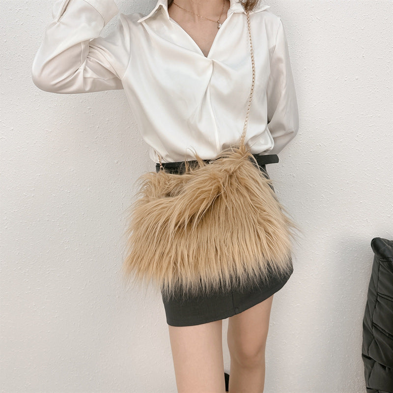 Women Winter Fashion Solid Color Plush Imitation Wool Handbag