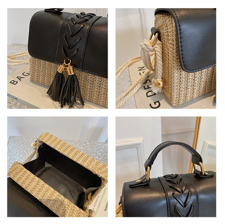 Sac à bandoulière en corde de chanvre tissé à pompon et paille pour femme 