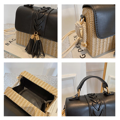 Sac à bandoulière en corde de chanvre tissé à pompon et paille pour femme 