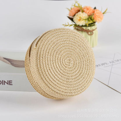 Summer Women Fashion Solid Color Vacation Beach Straw Woven Round Shoulder Crossbody Mini Bag