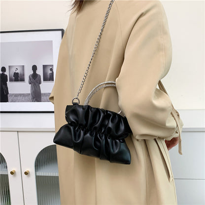 Women Cute Sweet Creased Rhinestone Handle Chain Crossbody Bag