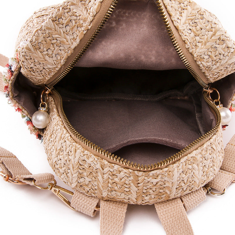 Straw Woven Women Pastoral Pearl Design Solid Color Backpack