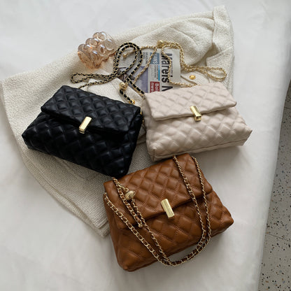 Women Basic Flap Buckle Design Rhombus Stitching Solid Color PU Shoulder Bag