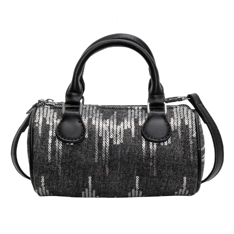 Sac à bandoulière cylindrique à paillettes vintage avec fermeture éclair 