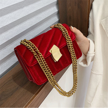 Women Elegant Flap Buckle Design Solid Color Velvet Shoulder Bag