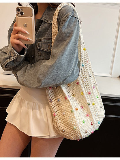 Sac fourre-tout tissé creux à perles pour femme