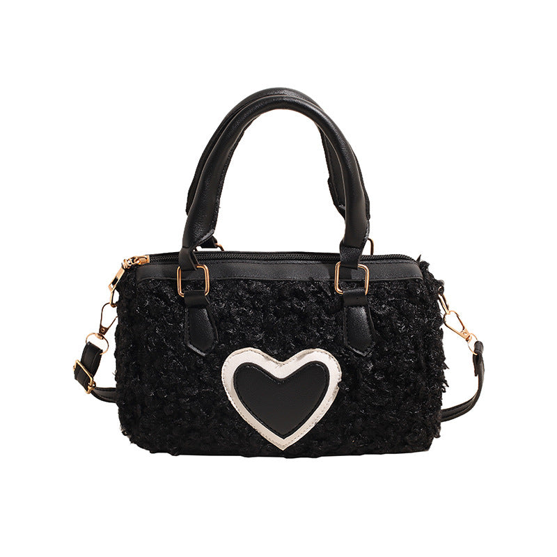 Women Fashion Casual Plush Heart Zipper Handbag