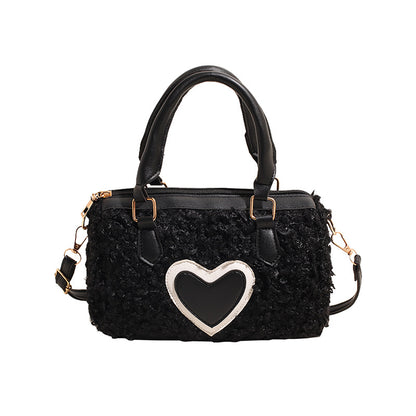 Women Fashion Casual Plush Heart Zipper Handbag