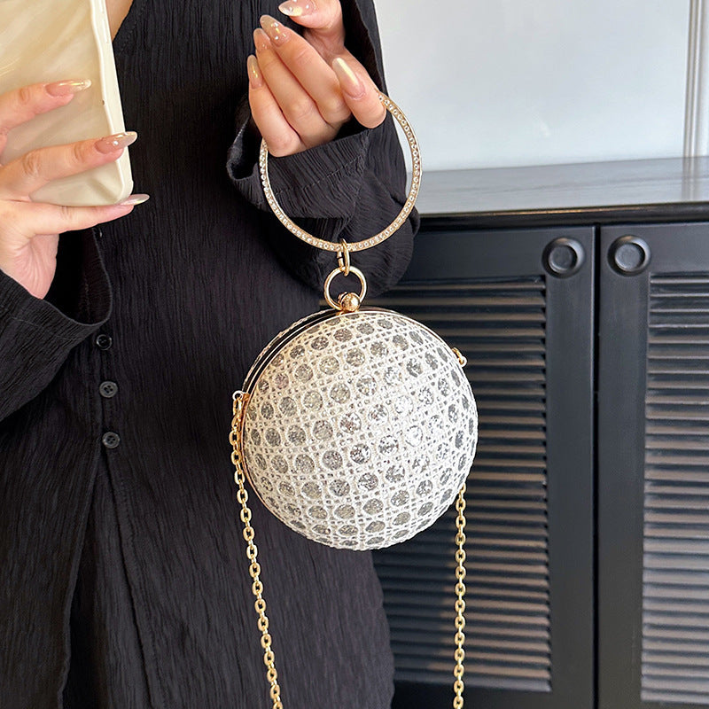 Women Fashion Elegant Round Sequin Hollow Handle Clip Chain Shoulder Evening Mini Bag