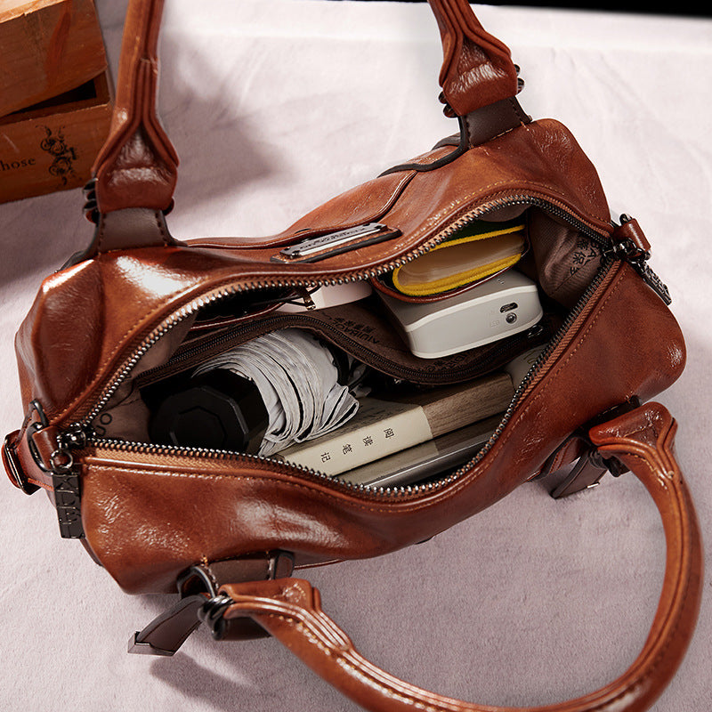 Women Fashion Retro Large Capacity PU Handle Shoulder Bag