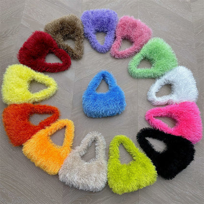 Sac à main en peluche de couleur unie pour femme, tendance automne et hiver 