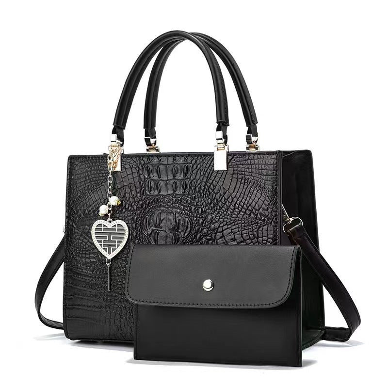 Women Fashion Bright Leather Crocodile Stone Pattern Large Capacity Handbag Set