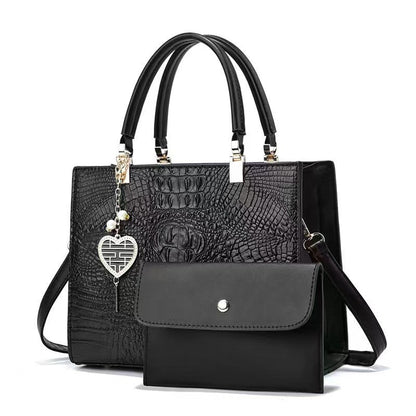 Women Fashion Bright Leather Crocodile Stone Pattern Large Capacity Handbag Set