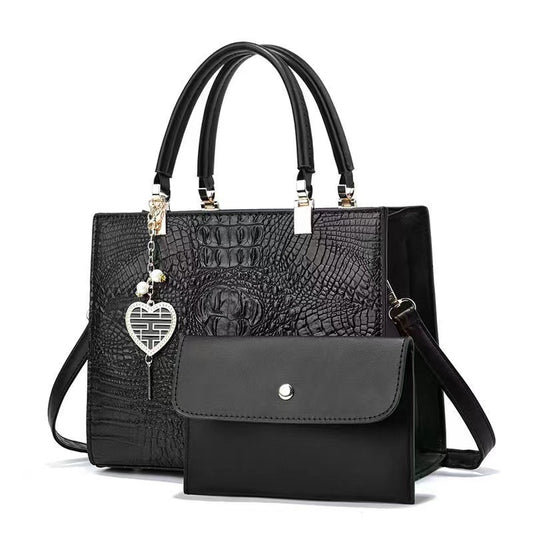Women Fashion Bright Leather Crocodile Stone Pattern Large Capacity Handbag Set