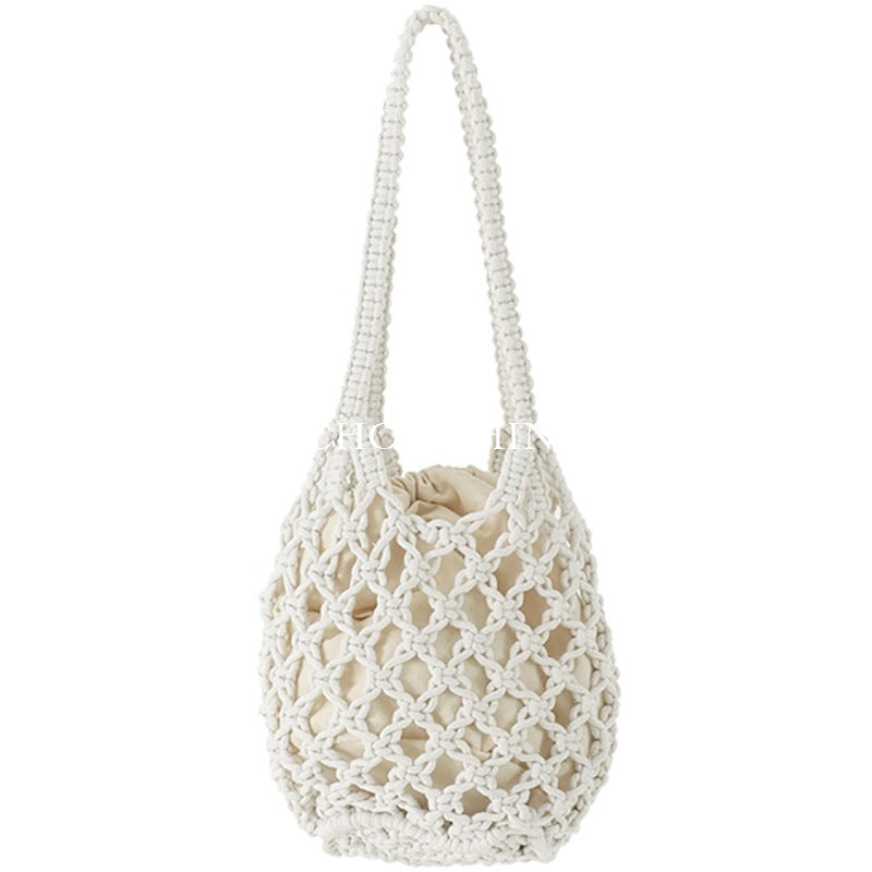 2 In 1 Beach Handbag Hollow Mesh Women Pastoral Design Solid Color Woven Shoulder Handle Bag