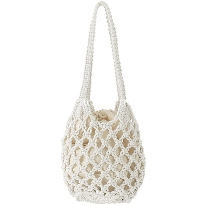 2 In 1 Beach Handbag Hollow Mesh Women Pastoral Design Solid Color Woven Shoulder Handle Bag