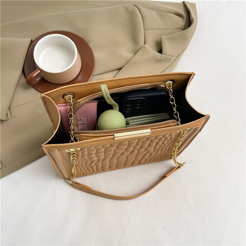 Fashion Solid Color Crocodile Print Large Capacity Shoulder Bag