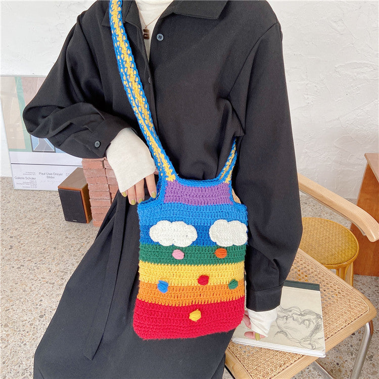 Rainbow Heart Knitted Women Casual Design Woven Shoulder Handle Tote Bag