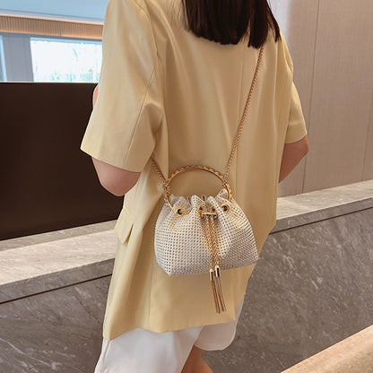 Women Fashion Fine Flash Rhinestone Tassel Drawstring Bucket Crossbody Bag