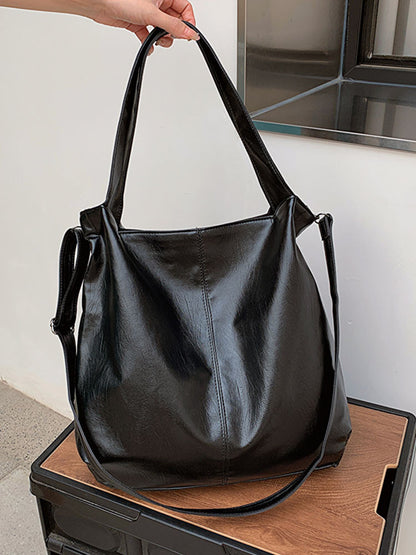 Women Fashion Retro Solid Color Large Capacity PU Tote Bag