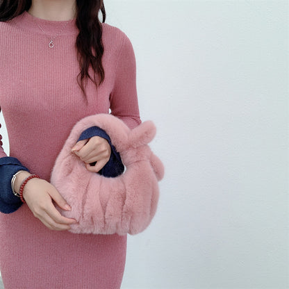 Women'S Fashion Solid Color Bow Crinkled Plush Cloud Shell Handbag