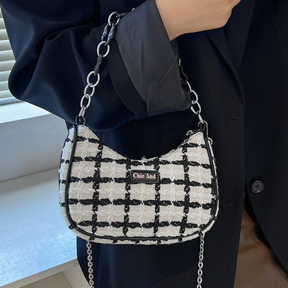 Women Fashion Black White Check Handbag