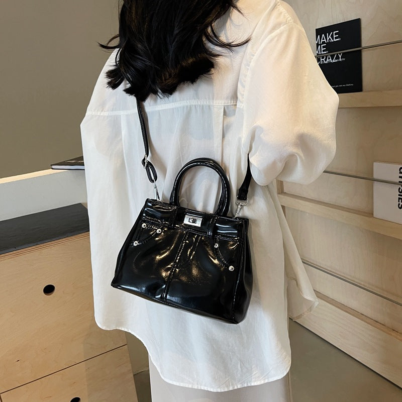 Women Fashion Simple Lock Denim PU Handle Shoulder Bag