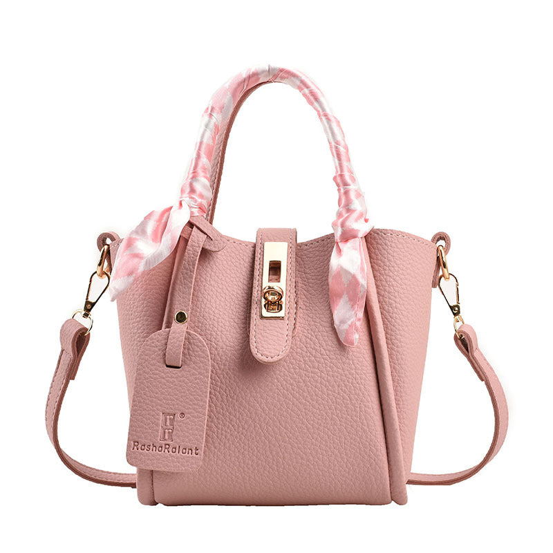 Women Simple Fashion Silk Scarf Decorative Lock PU Handle Shoulder Bag