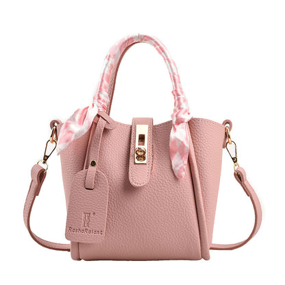 Women Simple Fashion Silk Scarf Decorative Lock PU Handle Shoulder Bag