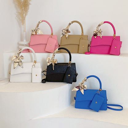 Women Fashion Solid Color Flap Scarf Coin Purse Pendant Square Handle Crossbody Bag