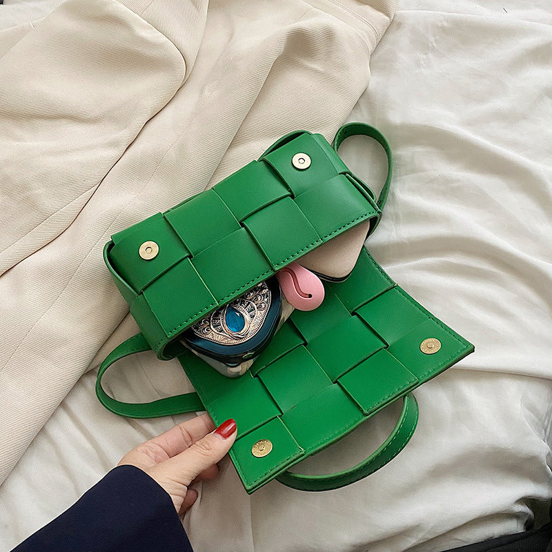 Sac à bandoulière carré en PU tissé à carreaux de couleur unie pour femme 