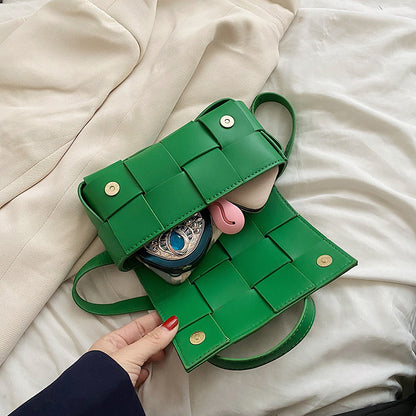 Sac à bandoulière carré en PU tissé à carreaux de couleur unie pour femme 