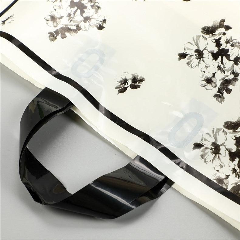 Simple Black White Floral Printed Shopping Plastic Tote Bag