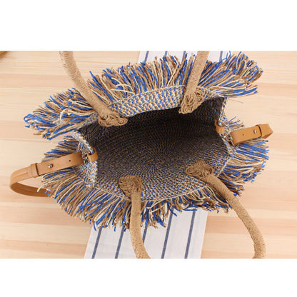 Women Bohemian Straw Woven Tassel Round Shoulder Bag