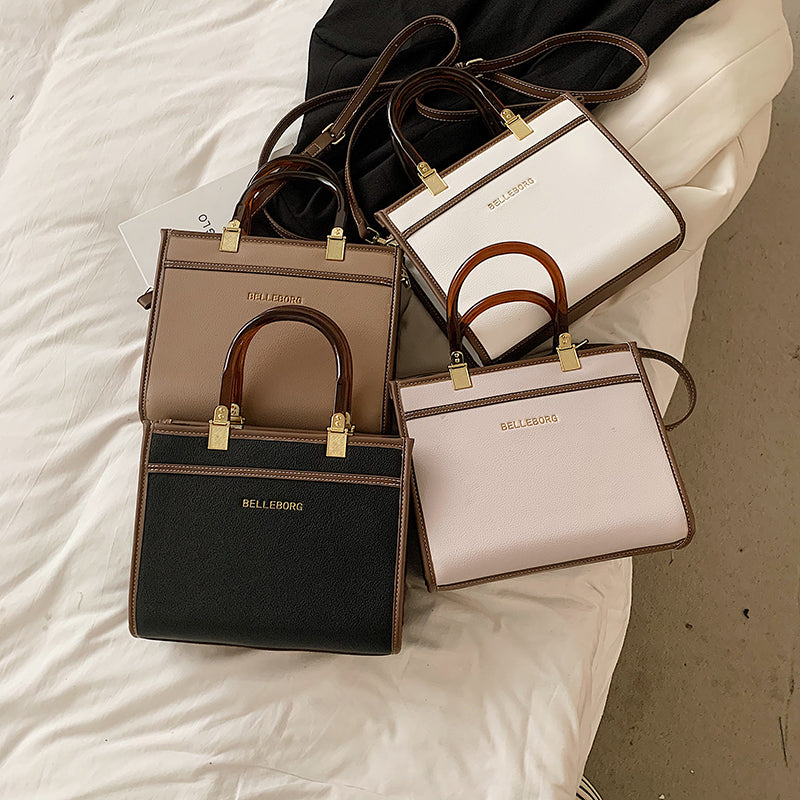 Women Chic Letter Embossing Color Blocking Large Capacity PU Handle Bag