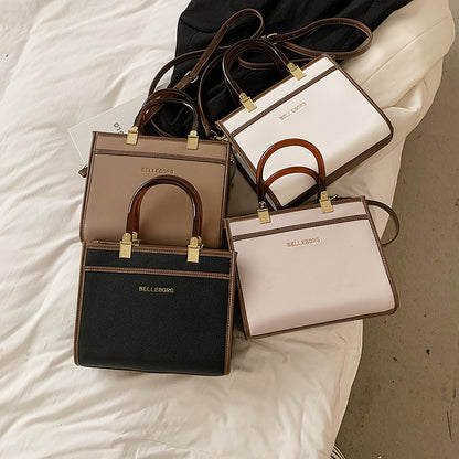 Women Chic Letter Embossing Color Blocking Large Capacity PU Handle Bag